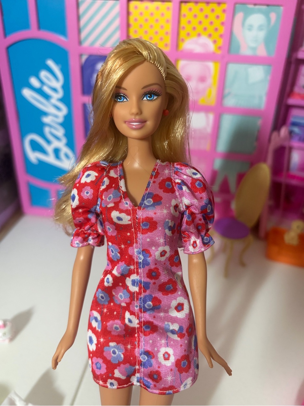 Barbie Blonde Doll in Red & Pink Floral Dress - Picture 1 of 4